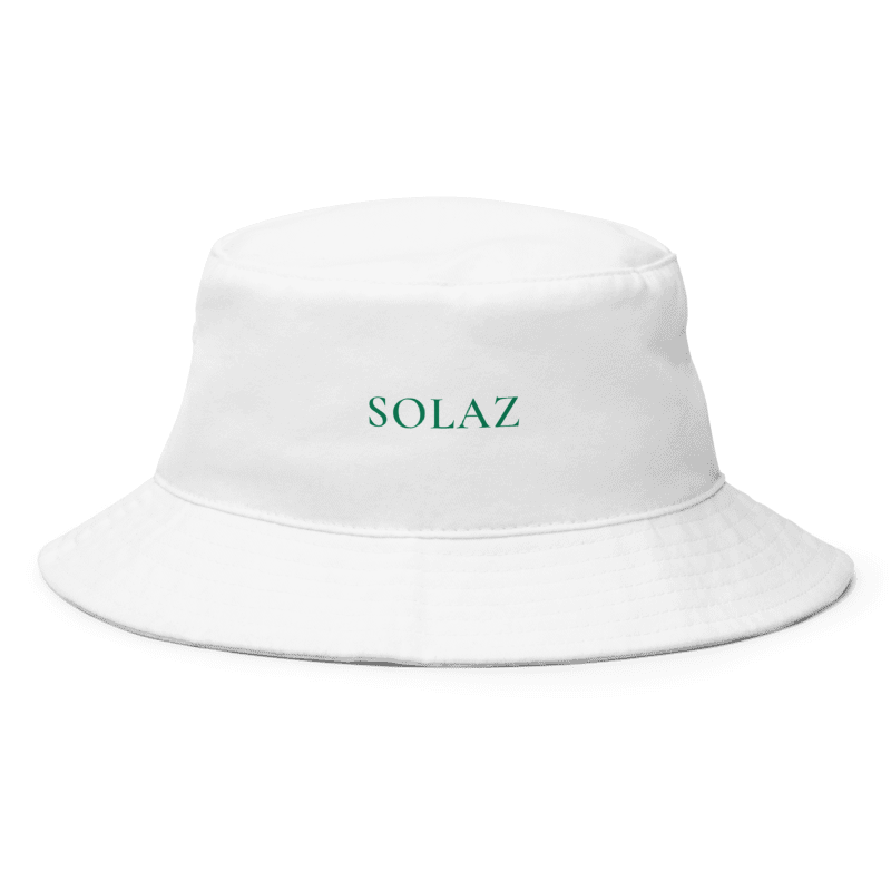 White bucket hat with green SOLAZ lettering: front